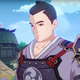 An NPC samurai in full armor stands in a traditional Japanese village.